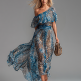 Sauvage | Robe longue en mousseline à imprimé léopard et épaules dénudées