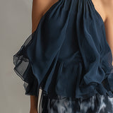 Marie | Ensemble élégant avec haut dos nu bleu marine et pantalon large imprimé