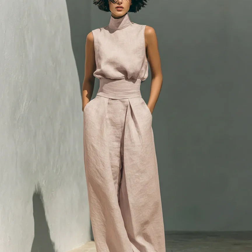 Julie | Ensemble deux pièces beige en lin avec haut sans manches et pantalon large