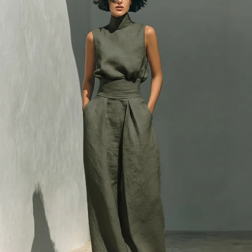 Julie | Ensemble deux pièces beige en lin avec haut sans manches et pantalon large