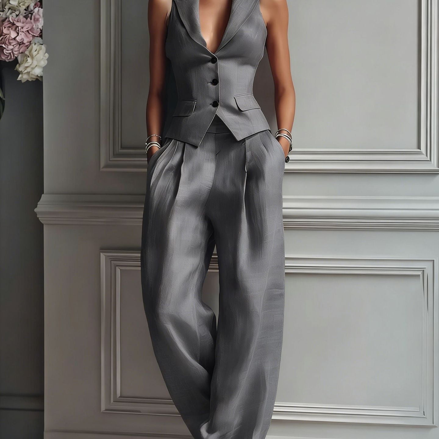 Charlotte | Ensemble deux pièces boutonné avec col en V pour femme