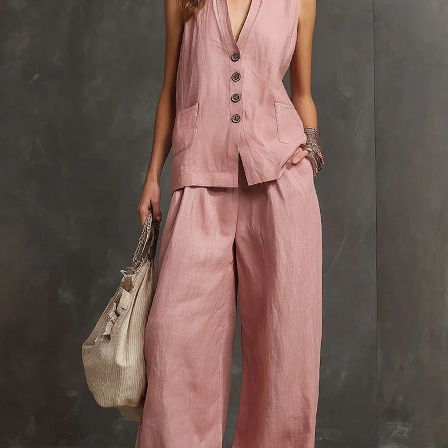 Alice | Ensemble deux pièces en coton et lin avec gilet sans manches et pantalon large