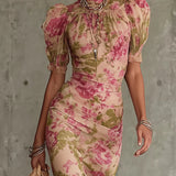Florette | Robe maxi romantique à imprimé roses vintage et manches bouffantes