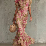 Florette | Robe maxi romantique à imprimé roses vintage et manches bouffantes