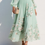 Susane | Robe maxi plissée en mousseline vert menthe à imprimé fleuri pour femme