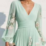 Susane | Robe maxi plissée en mousseline vert menthe à imprimé fleuri pour femme