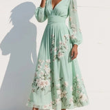 Susane | Robe maxi plissée en mousseline vert menthe à imprimé fleuri pour femme