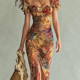 Violette | Robe maxi en mousseline orange à imprimé peinture à l'huile style bohème