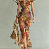 Violette | Robe maxi en mousseline orange à imprimé peinture à l'huile style bohème