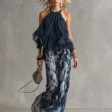 Marie | Ensemble élégant avec haut dos nu bleu marine et pantalon large imprimé