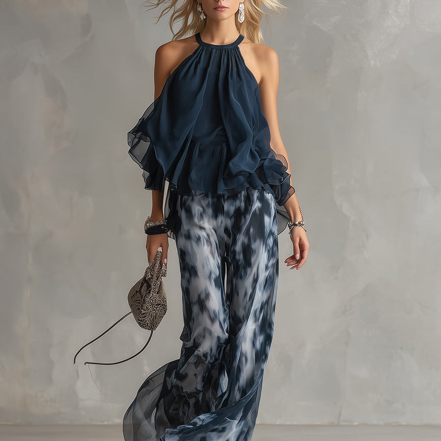 Marie | Ensemble élégant avec haut dos nu bleu marine et pantalon large imprimé