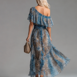 Sauvage | Robe longue en mousseline à imprimé léopard et épaules dénudées