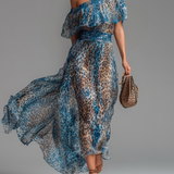 Sauvage | Robe longue en mousseline à imprimé léopard et épaules dénudées