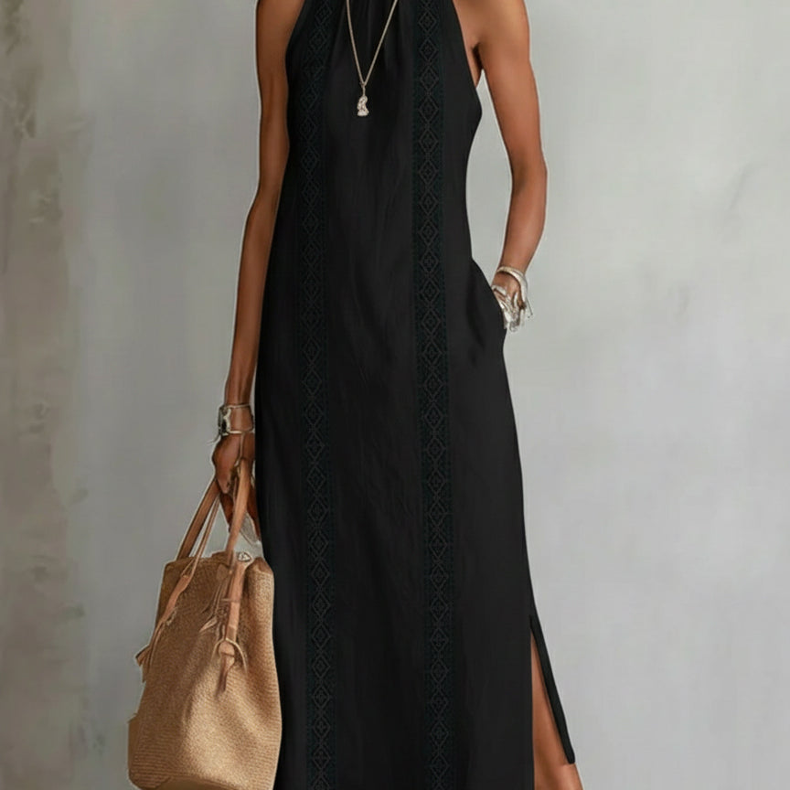 Jimena | Robe midi décontractée brodée à col mao