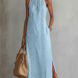 Jimena | Robe midi décontractée brodée à col mao