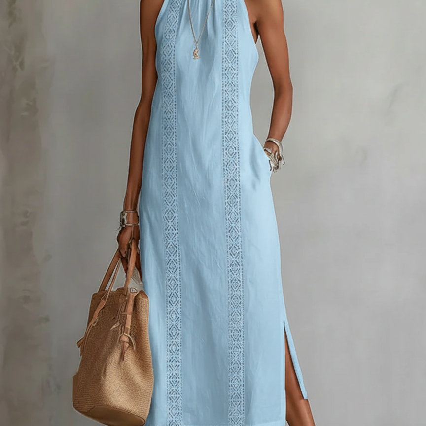 Jimena | Robe midi décontractée brodée à col mao